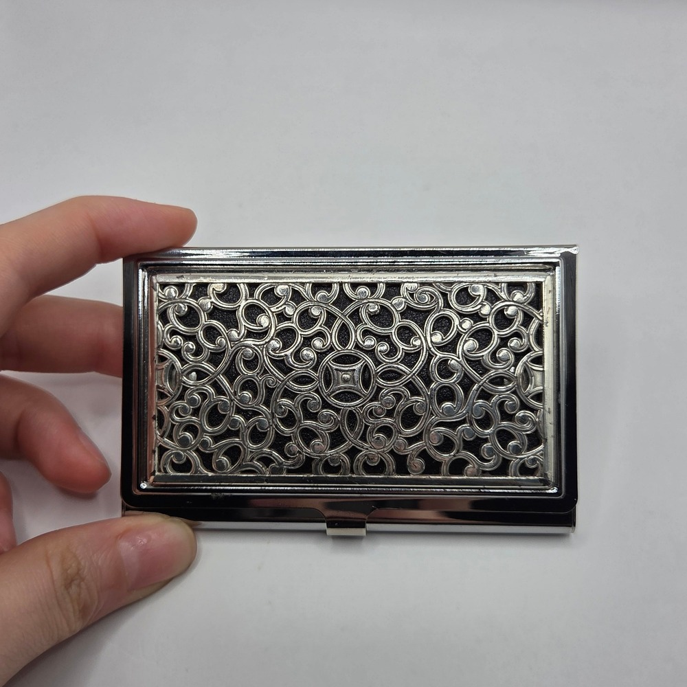 Brighton Serendipity Silver Plated Business Card Holder Ornate Scroll Case